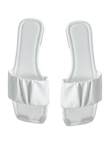 GORGLITTER Damen Sandalen Gerafft Flache Sommerschuhe PU Leder Sandalette Elegant Freizeitsandalen Offene Zehen Sandale Strandsandalen Outdoor Pantoletten Weiß CN42 von GORGLITTER