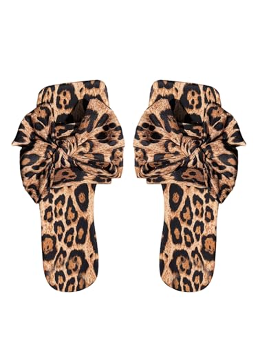 GORGLITTER Damen Sandalen Leoparden Muster Flache Sandalette mit Schleifendekor Offene Zehen Sommerschuhe Bequem Strandschuhe Freizeitsandalen Casualsandalette Leo EUR42 von GORGLITTER