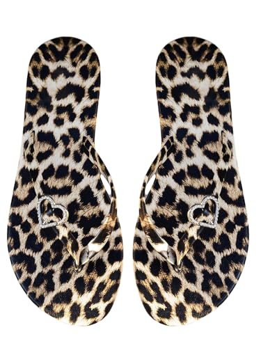 GORGLITTER Damen Sandalen Leopardenmuster PU Leder Sandalette Zehentrenner Freizeitsandalen mit Strass Herzdekor Flache Flip Flops Leichte Sommerschuhe Leo EUR42 von GORGLITTER