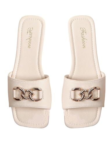 GORGLITTER Damen Sandalen Offene Zehe Sommerschuhe Flache Sandaletten mit Ketten dekor Elegant Pantoffeln Freizeit Outdoorsandalen Flachsandalen Beige CN37 von GORGLITTER
