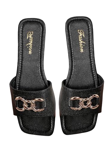 GORGLITTER Damen Sandalen Offene Zehe Sommerschuhe Flache Sandaletten mit Ketten dekor Elegant Pantoffeln Freizeit Outdoorsandalen Flachsandalen Schwarz CN38 von GORGLITTER