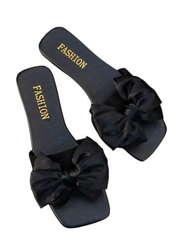 GORGLITTER Damen Sandalen Schleifendekor Sommersandale Offene Zehen Slides Flache Sandaletten PU Leder Outdoorsandals Elegant Freizeitsandalen Schwarz CN38 von GORGLITTER