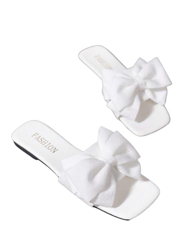 GORGLITTER Damen Sandalen Schleifendekor Sommersandale Offene Zehen Slides Flache Sandaletten PU Leder Outdoorsandals Elegant Freizeitsandalen Weiß CN39 von GORGLITTER