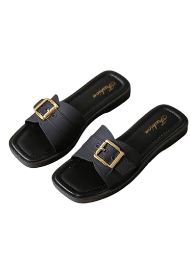 GORGLITTER Damen Sandalen Sommer Flache Sandalette Offene Zehe Freizeitsandals Elegant Sommersandalen Modisch Hausschuhe Flachsandalen Schwarz CN38/39 von GORGLITTER