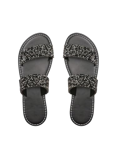 GORGLITTER Damen Sandalen Sommer Flache Sandalette mit Glitzer Freizeitsandalen offene Zehen Hocherzeit Casualsandalen Urlaubssandalen Schwarz EUR43 von GORGLITTER