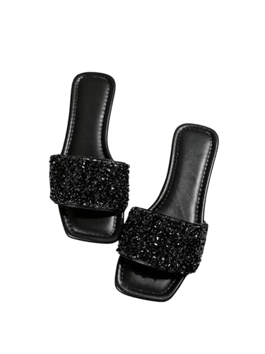 GORGLITTER Damen Sandalen Sommer offene Zehen Freizeitsandalen mit Strass Flache Sandalette Glitzersandalen Urlaubssandalen Casualsandalen Hocherzeit Sandalen Schwarz CN38 von GORGLITTER