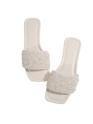 GORGLITTER Damen Sandalen Sommer offene Zehen Freizeitsandalen mit Strass Flache Sandalette Glitzersandalen Urlaubssandalen Casualsandalen Hocherzeit Sandalen Weiß CN39 von GORGLITTER