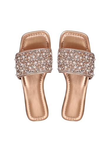 GORGLITTER Damen Sandalen Sommer offene Zehen Glitzersandalen mit Kunstperlen Flache Sandalette Hocherzeit Freizeitsandalen Casualsandalen Urlaubssandalen Champagnerfarben CN39 von GORGLITTER