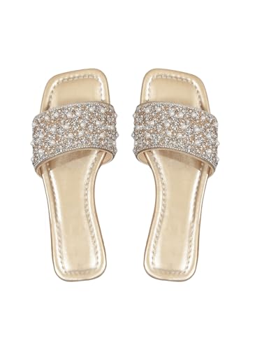 GORGLITTER Damen Sandalen Sommer offene Zehen Glitzersandalen mit Kunstperlen Flache Sandalette Hocherzeit Freizeitsandalen Casualsandalen Urlaubssandalen Gold CN38 von GORGLITTER