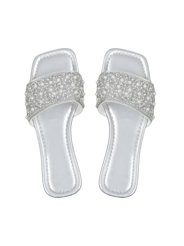GORGLITTER Damen Sandalen Sommer offene Zehen Glitzersandalen mit Kunstperlen Flache Sandalette Hocherzeit Freizeitsandalen Casualsandalen Urlaubssandalen Silber CN40 von GORGLITTER