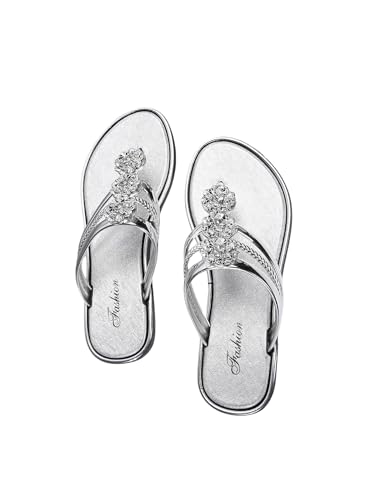GORGLITTER Damen Sandalen Zehentrenner Sommer Sandaletten mit Strass Flache Freizeitsandalen Outdoor Hocherzeit Sandalen Elegant Urlaubsandalen Silber CN39 von GORGLITTER