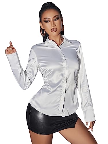 GORGLITTER Damen Satin Bluse Elegant Blusen Button-down Langarm Blusenshirt Langarm Oberteile Hemdbluse Weiß M von GORGLITTER