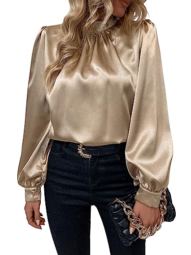 GORGLITTER Damen Satin Blusen Elegant Tunika Stehkragen Hemdbluse Laternenärmeln Oberteile OL Business Bluse Khaki XS von GORGLITTER