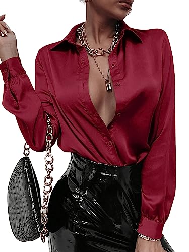 GORGLITTER Damen Satin Blusen Hemdbluse Hemd Elegant Elegant OL Work Langarm Formelle Hemden Tunika Bluse mit Knöpfen Bordeaux L von GORGLITTER