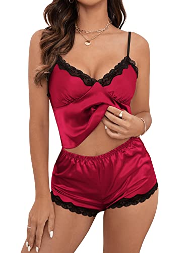 GORGLITTER Schlafanzug Damen Sexy Pyjama Set Satin Nachtwäsche Sommer Kurz Hausanzug Spitzen Cami Top und Shorts Negligee V-Ausschnitt Sleepwear Bordeaux L von GORGLITTER