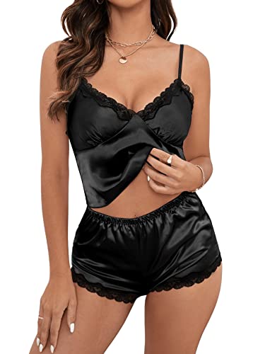 GORGLITTER Schlafanzug Damen Sexy Pyjama Set Satin Nachtwäsche Sommer Kurz Hausanzug Spitzen Cami Top und Shorts Negligee V-Ausschnitt Sleepwear Schwarz L von GORGLITTER