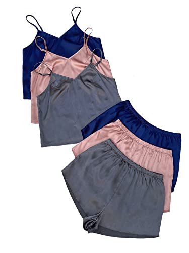 GORGLITTER Damen Satin Schlafanzug Set 3 Packe Cami Top und Shorts Pyjama Sets Einfaribg Träger Schlafoberteil Kurze Hose Blau+Rosa+Grau M von GORGLITTER