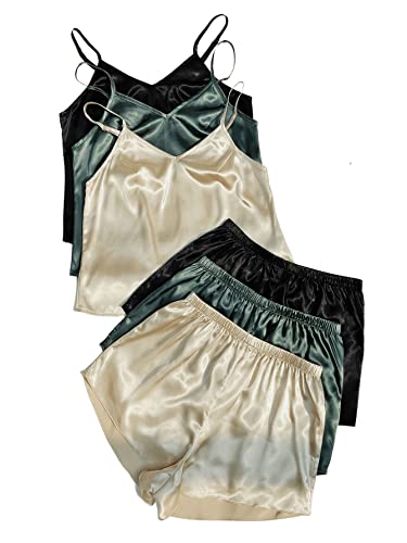 GORGLITTER Damen Satin Schlafanzug Set 3 Packe Cami Top und Shorts Pyjama Sets Einfaribg Träger Schlafoberteil Kurze Hose Schwarz+Grün+Beige M von GORGLITTER