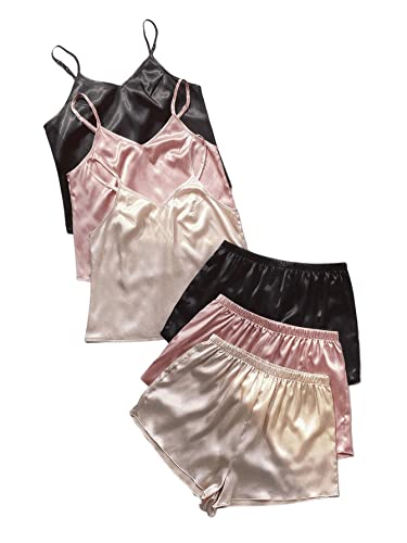 GORGLITTER Damen Satin Schlafanzug Set 3 Packe Cami Top und Shorts Pyjama Sets Einfaribg Träger Schlafoberteil Kurze Hose Schwarz+Rosa+Beige M von GORGLITTER