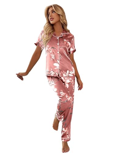 GORGLITTER Damen Satin Schlafanzug Set Kurzarm Hemdshirt und Lange Schlafhose Sets Zweiteiliger Pyjama Schlafshirt Hosenset Hausanzug mit Blumen Muster Korallenrosa L von GORGLITTER