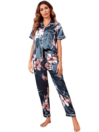 GORGLITTER Damen Satin Schlafanzug Set Kurzarm Hemdshirt und Lange Schlafhose Sets Zweiteiliger Pyjama Schlafshirt Hosenset Hausanzug mit Blumen Muster Marineblau L von GORGLITTER