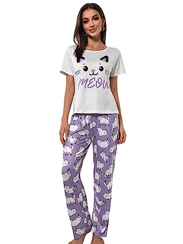 GORGLITTER Damen Schlafanzüge Pyjama Sets Vielfarbig Kurzarmshirt Hosensets Schlafanzug PJ Set Oberteil Sleepwear Weiß und Violett S von GORGLITTER