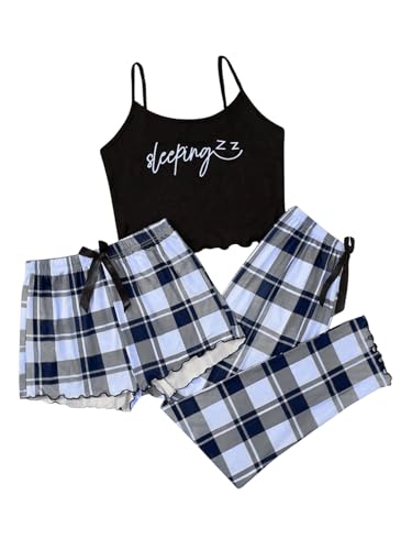 GORGLITTER Damen Schlafanzug 3er Set Cami Schlafanzug Plaid Pajamas Set Nachtwäsche Schlafhose Kariert Schlafanzüge Hausanzug Buchstaben-Blau XS von GORGLITTER