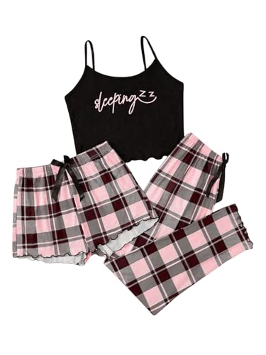 GORGLITTER Damen Schlafanzug 3er Set Cami Schlafanzug Plaid Pajamas Set Nachtwäsche Schlafhose Kariert Schlafanzüge Hausanzug Buchstaben-Rosa L von GORGLITTER