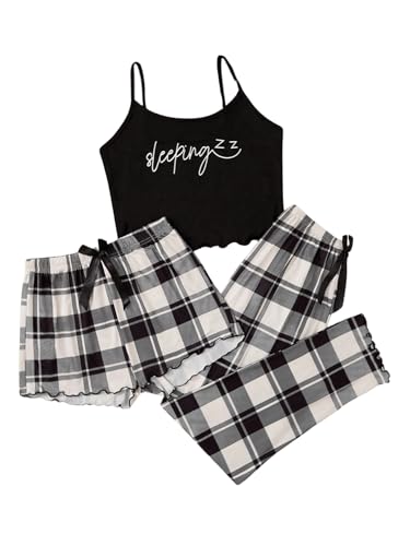 GORGLITTER Damen Schlafanzug 3er Set Cami Schlafanzug Plaid Pajamas Set Nachtwäsche Schlafhose Kariert Schlafanzüge Hausanzug Buchstaben-schwarz S von GORGLITTER