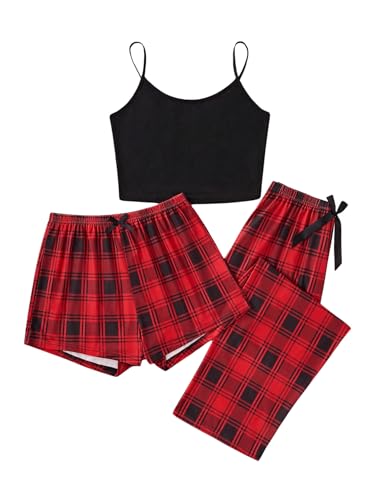 GORGLITTER Damen 3er Set Cami Schlafanzug Plaid Pajamas Set Nachtwsche Schlafhose Kariert Schlafanzge Hausanzug Rot L von GORGLITTER