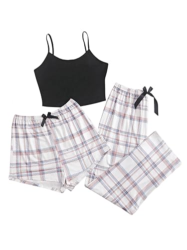 GORGLITTER Damen Schlafanzug 3er Set Cami Schlafanzug Plaid Pajamas Set Nachtwäsche Schlafhose Kariert Schlafanzüge Hausanzug Schwarz L von GORGLITTER