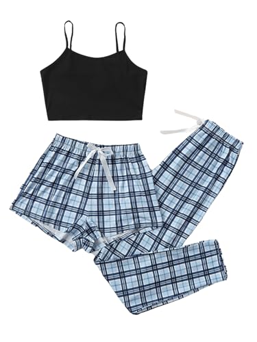 GORGLITTER Damen Schlafanzug 3er Set Cami Schlafanzug Plaid Pajamas Set Nachtwäsche Schlafhose Kariert Schlafanzüge Hausanzug Schwarz und Blau L von GORGLITTER