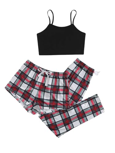 GORGLITTER Damen Schlafanzug 3er Set Cami Schlafanzug Plaid Pajamas Set Nachtwäsche Schlafhose Kariert Schlafanzüge Hausanzug Schwarz und Rot L von GORGLITTER