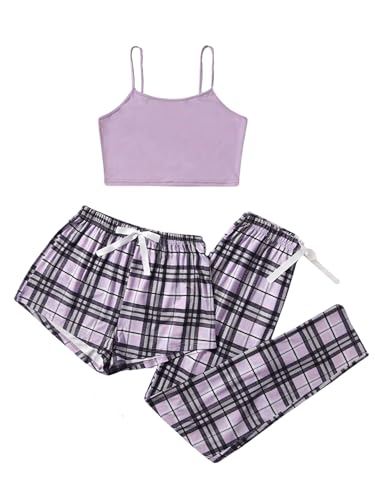 GORGLITTER Damen Schlafanzug 3er Set Cami Schlafanzug Plaid Pajamas Set Nachtwäsche Schlafhose Kariert Schlafanzüge Hausanzug Schwarz und Violett M von GORGLITTER