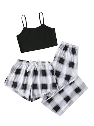 GORGLITTER Damen Schlafanzug 3er Set Cami Schlafanzug Plaid Pajamas Set Nachtwäsche Schlafhose Kariert Schlafanzüge Hausanzug Schwarz und Weiß XL von GORGLITTER