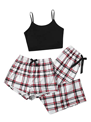 GORGLITTER Damen Schlafanzug 3er Set Cami Schlafanzug Plaid Pajamas Set Nachtwäsche Schlafhose Kariert Schlafanzüge Hausanzug Weiß M von GORGLITTER