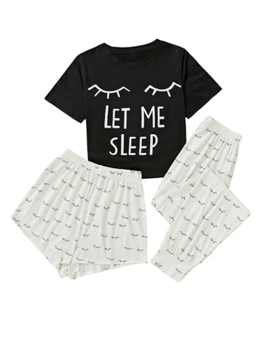 GORGLITTER Damen Schlafanzug 3er Set Kurzarm Pyjama Set Schlafanzug Schlafhose Sets Schlafshort Schlafanzüge Hausanzug Schwarz und Weiß L von GORGLITTER