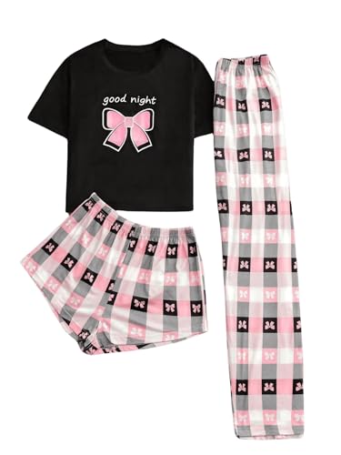 GORGLITTER Damen Schlafanzug 3er Set Kurzarm Schlafanzug Plaid Pajamas Set Shorts und Schlafhose Kariert Schlafanzüge Hausanzug Nachtwäsche Rosa L von GORGLITTER