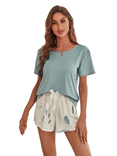 GORGLITTER Damen Schlafanzug Kurz Pyjama Set Mit Blumen Zweiteiliger Hausanzug Loungewear Set 2 Teilig Nachtwäsche Set Blau S von GORGLITTER