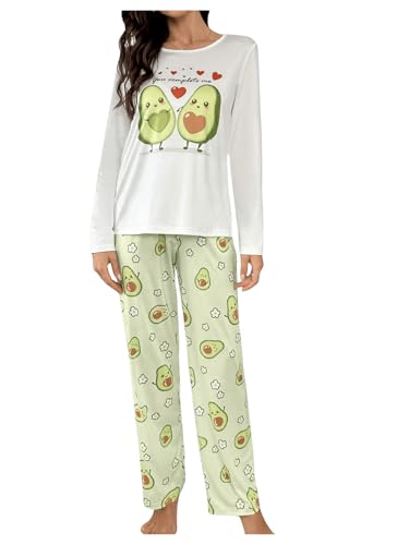 GORGLITTER Damen Schlafanzug Set Lang Pajama Hosen Set mit Avocado Muster Langarm Top und Schlafhose Winter Hauseanzug Loungewear Set Hellgrün M von GORGLITTER
