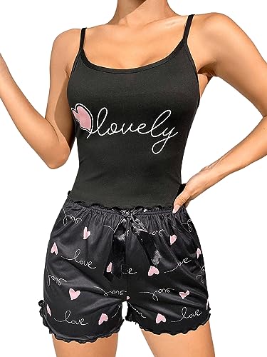 GORGLITTER Damen Schlafanzug Set Spaghettiträger Crop Top Short Sets Süßer Pyjama Schlafanzüge Schlafi mit Wellensaum Schwarz und Rosa S von GORGLITTER