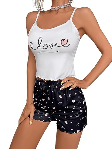 GORGLITTER Damen Schlafanzug Set Spaghettiträger Crop Top Short Sets Süßer Pyjama Schlafanzüge Schlafi mit Wellensaum Schwarz und Weiß M von GORGLITTER