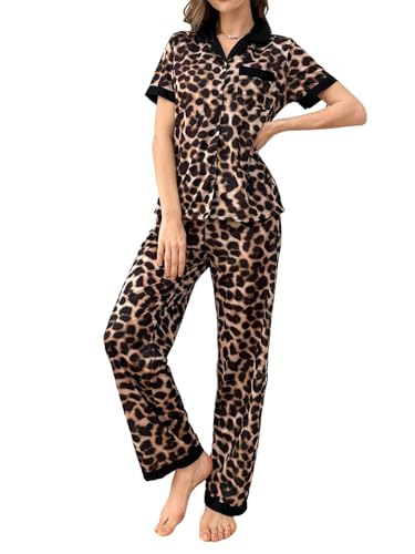 GORGLITTER Damen Schlafanzug mit Leopardenmuster Kurzarm und Lange Hose Pyjama Set mit Knopfleiste Zweiteiliger Hausanzug Nachtwäsche PJs Leo M von GORGLITTER