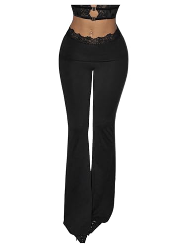 GORGLITTER Damen Schlaghose Elastischer Bund Lange Hose Freizeithose Elegant Yogahose Schlank Hose mit Spitzen Schwarz S von GORGLITTER