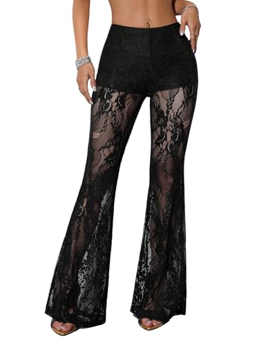 GORGLITTER Damen Schlaghose Transparent Spitzenhosen Elegant Hose mit Spitze Elastischer Bund Hose Lange Partyhose Drop Waist Hosen Schwarz L von GORGLITTER