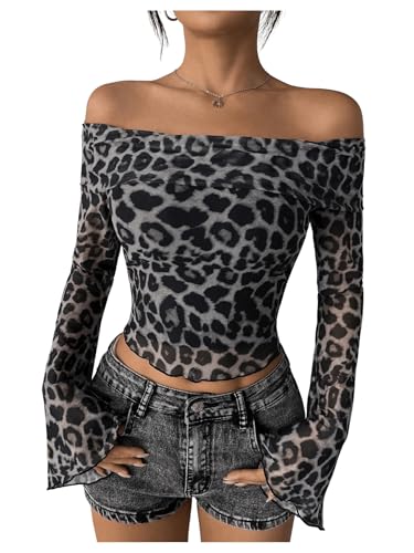 GORGLITTER Damen Leoparden Oberteile Y2K Schulterfrei Mesh Bluse Top Rave Party Festival Outfit Crop T-Shirt Clubwear Grau M von GORGLITTER