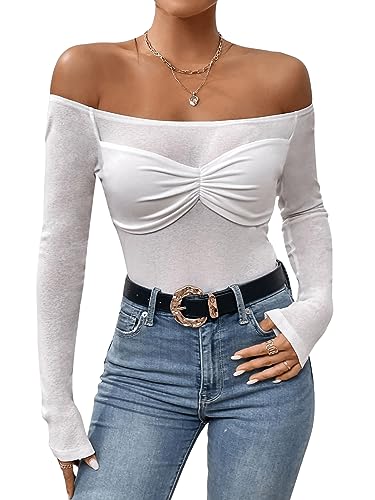 GORGLITTER Damen Schulterfrei Oberteile Transparent Tops Casual Herbstshirts Langarm Top mit Rüschen Weiß S von GORGLITTER