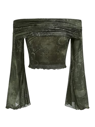 GORGLITTER Damen Schulterfrei Oberteil Y2K Crop Langarmshirt Festival Outfit Gothic Mesh Party Tops mit Trompetenärmel Armeegrün XS von GORGLITTER