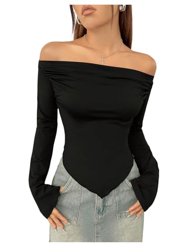 GORGLITTER Damen Schulterfreies Oberteil Bauchfrei T-Shirts Crop Tops Langarm Tshirt Asymmetrisch Tops mit Wellensaum Schwarz M GORGLITTER Damen Schulterfreies Oberteil Bauchfrei T-Shirts Crop Tops Langarm Tshirt Asymmetrisch Tops mit Wellensaum Schwarz M von GORGLITTER