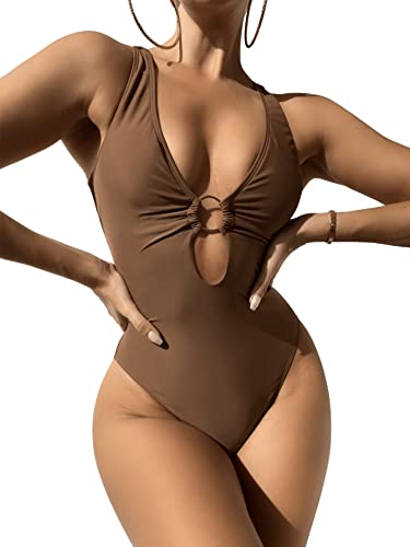 GORGLITTER Damen Schwimmanzug Cut-Out One Piece Swimwear Bügellos Träger Einteilige Bademode Badeanzug mit Ring Kaffeebraun M von GORGLITTER